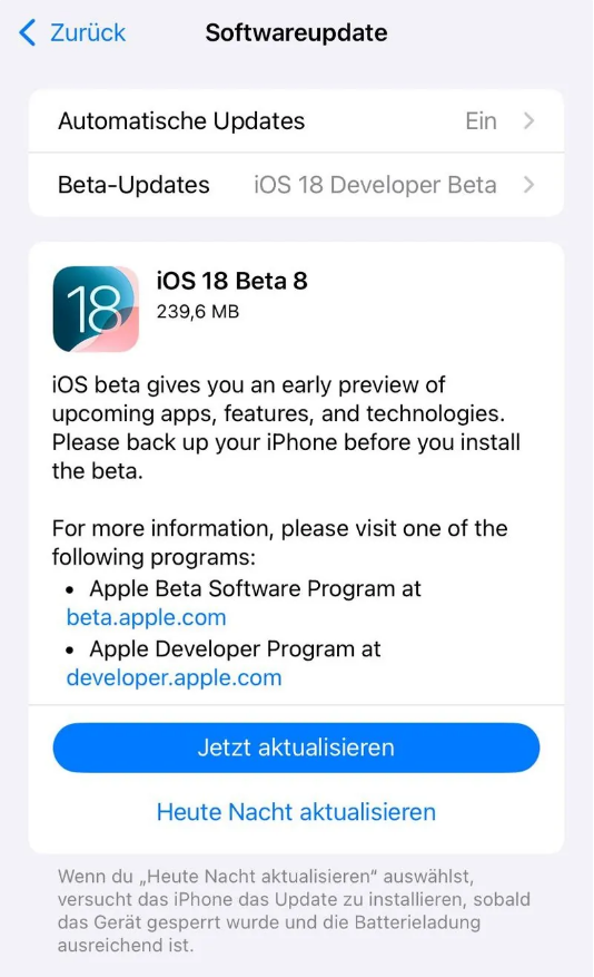蕉岭苹果手机维修分享苹果 iOS / iPadOS 18 开发者预览版 Beta 8 发布 